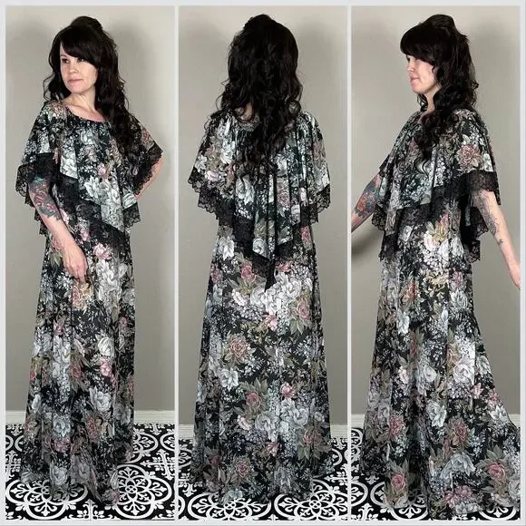 Vintage 1970s Black Floral A-Line Cape Maxi Dress - Picture 3 of 7